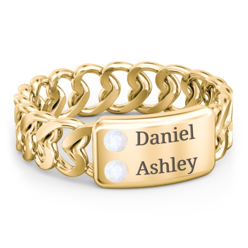 Heart Chain Link Ring with Nameplate – 18K Gold Plated Silver with Opal