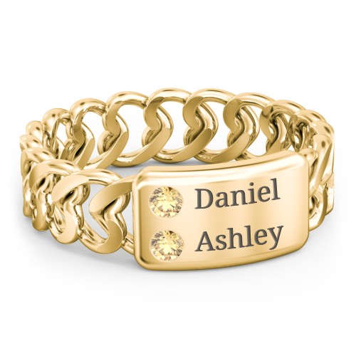 Heart Chain Link Ring with Nameplate – 18K Gold Plated Silver with Citrine