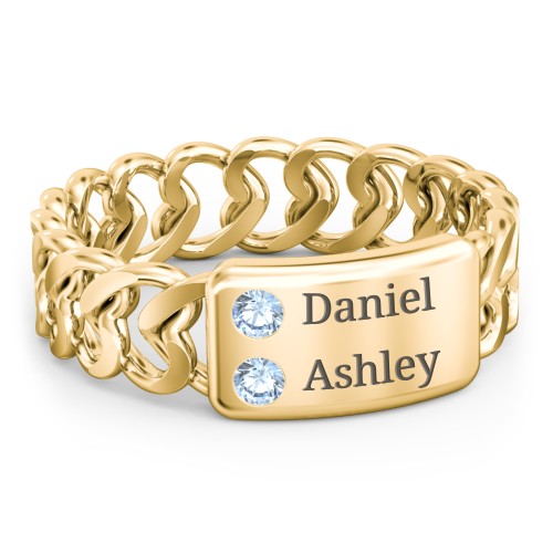 Heart Chain Link Ring with Nameplate – 18K Gold Plated Silver with Blue Topaz