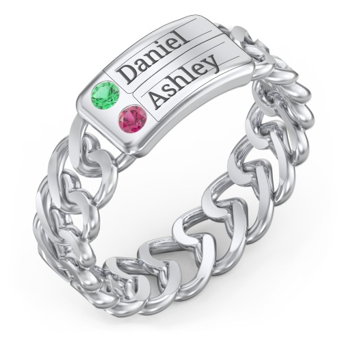 Heart Chain Link Ring with Nameplate – Sterling Silver with Emerald and Ruby