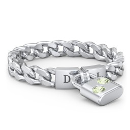 Engravable Padlock Chain Ring with Gemstones