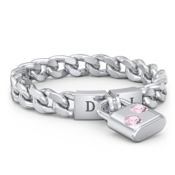 Engravable Padlock Chain Ring with Gemstones