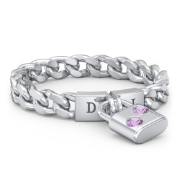 Engravable Padlock Chain Ring with Gemstones in 925 Sterling Silver with Amethyst
