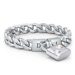 Engravable Padlock Chain Ring with Gemstones in 925 Sterling Silver with Cubic Zirconia