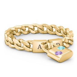 Engravable Padlock Chain Ring with Gemstones in 14K Solid Yellow Gold