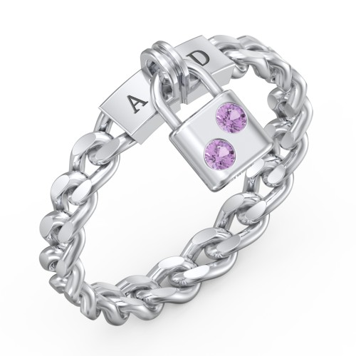 Engravable Padlock Chain Ring with Gemstones – Sterling Silver with Amethyst