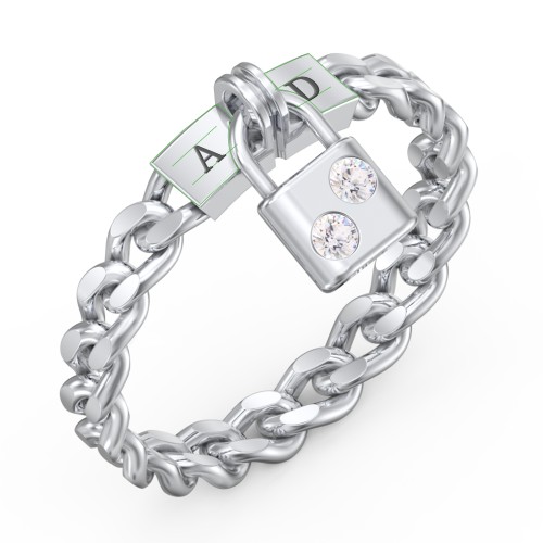 Engravable Padlock Chain Ring with Gemstones – Sterling Silver with Cubic Zirconia