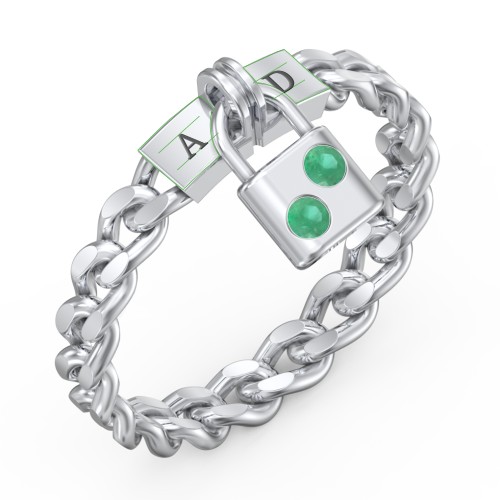 Engravable Padlock Chain Ring with Gemstones – Sterling Silver with Emerald