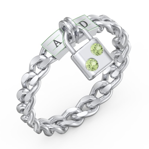 Engravable Padlock Chain Ring with Gemstones