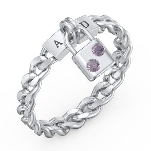 Engravable Padlock Chain Ring with Gemstones