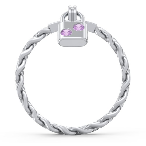 Engravable Padlock Chain Ring with Gemstones – Sterling Silver with Amethyst