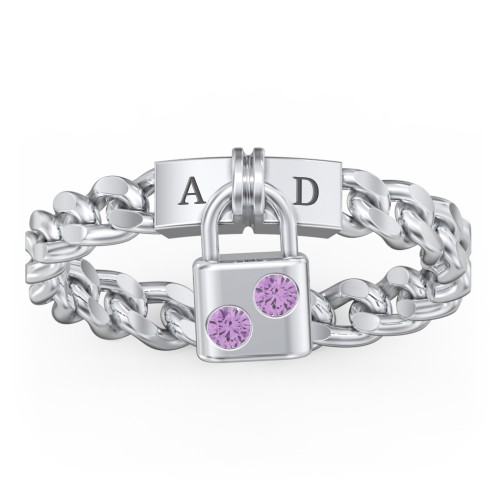 Engravable Padlock Chain Ring with Gemstones – Sterling Silver with Amethyst