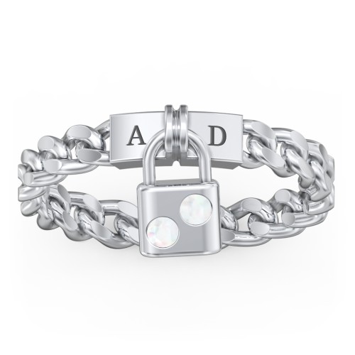 Engravable Padlock Chain Ring with Gemstones