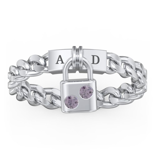 Engravable Padlock Chain Ring with Gemstones