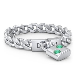 Engravable Padlock Chain Ring with Gemstones in 925 Sterling Silver with Emerald