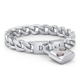 Engravable Padlock Chain Ring with Gemstones in 925 Sterling Silver with Smokey Quartz