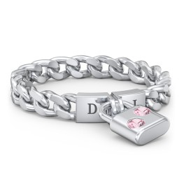 Engravable Padlock Chain Ring with Gemstones in 925 Sterling Silver with Pink Tourmaline