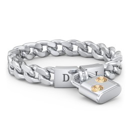 Engravable Padlock Chain Ring with Gemstones in 925 Sterling Silver with Citrine