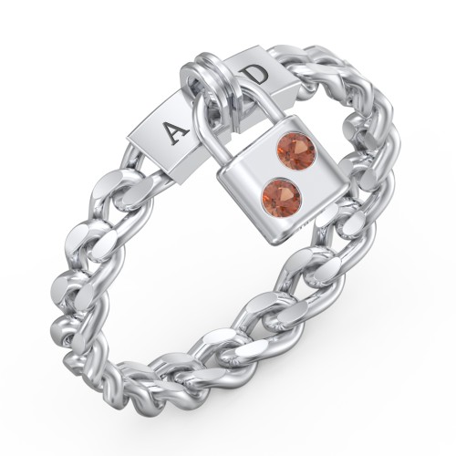Engravable Padlock Chain Ring with Gemstones – Sterling Silver with Garnet