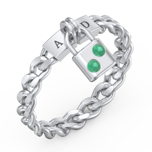 Engravable Padlock Chain Ring with Gemstones – Sterling Silver with Emerald