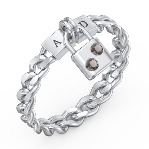 Engravable Padlock Chain Ring with Gemstones – Sterling Silver with Smokey Quartz