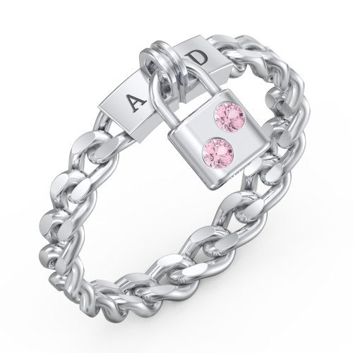 Engravable Padlock Chain Ring with Gemstones – Sterling Silver with Pink Tourmaline