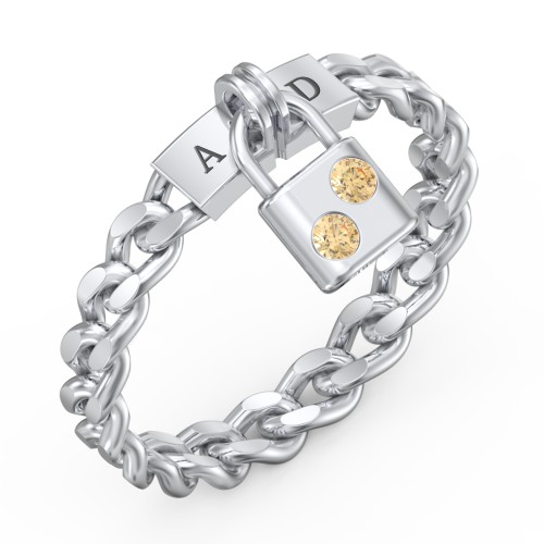 Engravable Padlock Chain Ring with Gemstones – Sterling Silver with Citrine