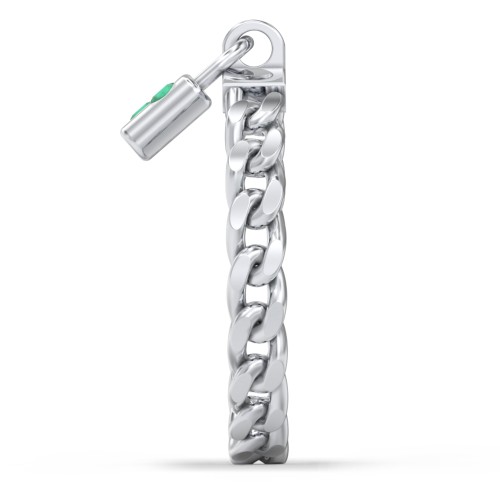 Engravable Padlock Chain Ring with Gemstones – Sterling Silver with Emerald