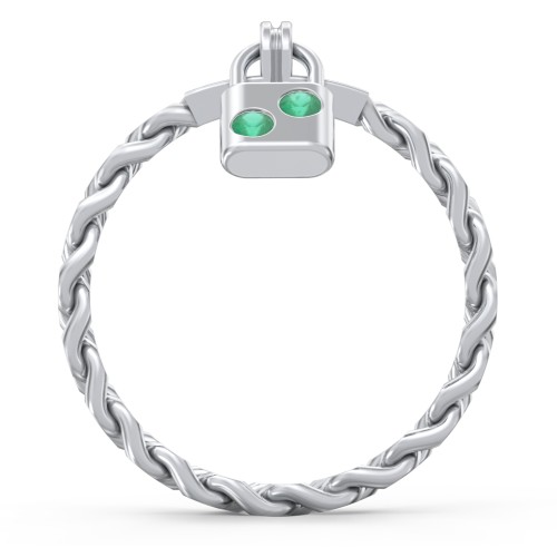 Engravable Padlock Chain Ring with Gemstones – Sterling Silver with Emerald