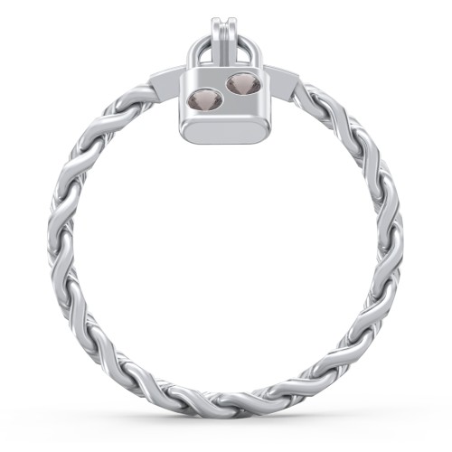 Engravable Padlock Chain Ring with Gemstones – Sterling Silver with Smokey Quartz