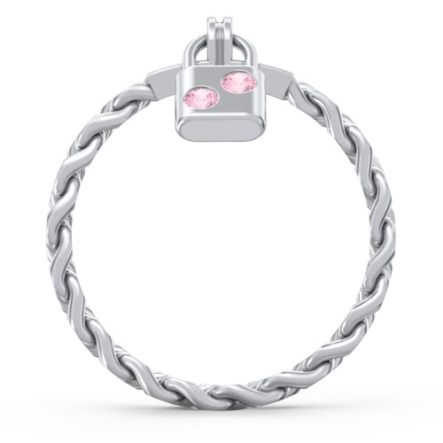 Engravable Padlock Chain Ring with Gemstones – Sterling Silver with Pink Tourmaline