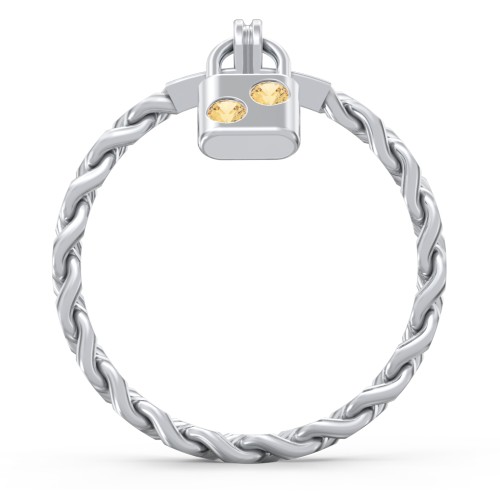 Engravable Padlock Chain Ring with Gemstones – Sterling Silver with Citrine