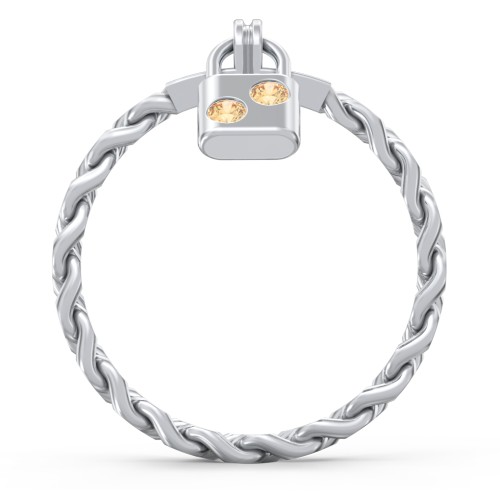 Engravable Padlock Chain Ring with Gemstones – Sterling Silver with Citrine