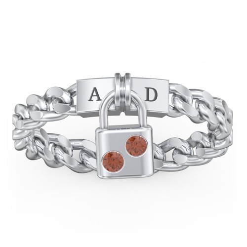 Engravable Padlock Chain Ring with Gemstones – Sterling Silver with Garnet