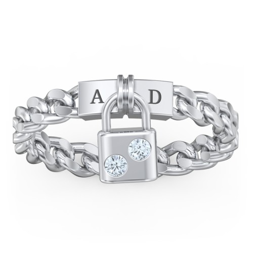 Engravable Padlock Chain Ring with Gemstones – Sterling Silver with Aquamarine
