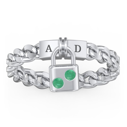 Engravable Padlock Chain Ring with Gemstones – Sterling Silver with Emerald