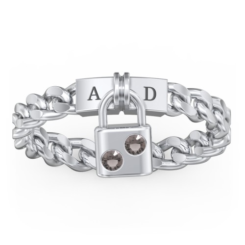 Engravable Padlock Chain Ring with Gemstones – Sterling Silver with Smokey Quartz