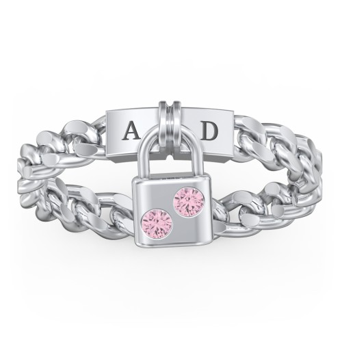 Engravable Padlock Chain Ring with Gemstones – Sterling Silver with Pink Tourmaline