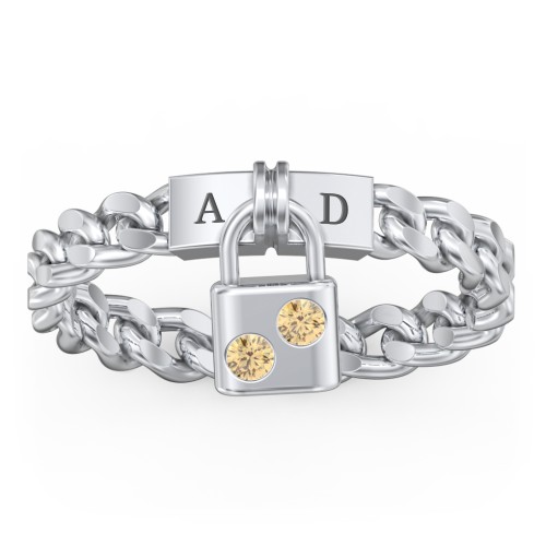 Engravable Padlock Chain Ring with Gemstones – Sterling Silver with Citrine
