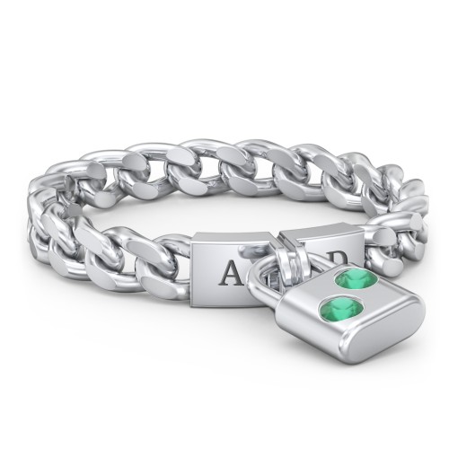 Engravable Padlock Chain Ring with Gemstones – Sterling Silver with Emerald