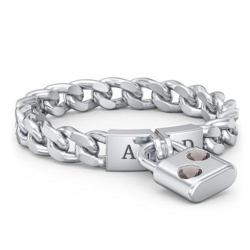 Engravable Padlock Chain Ring with Gemstones – Sterling Silver with Smokey Quartz