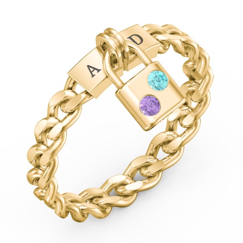 Engravable Padlock Chain Ring with Gemstones – 10K Yellow Gold with Amethyst and Mint Premium Zirconia