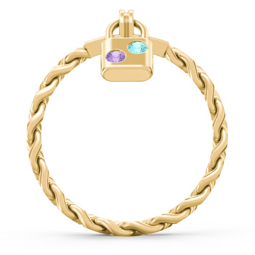 Engravable Padlock Chain Ring with Gemstones – 10K Yellow Gold with Amethyst and Mint Premium Zirconia
