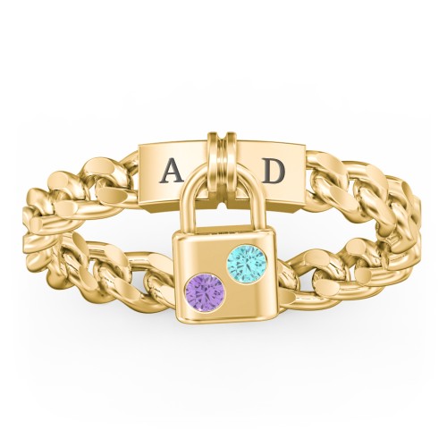 Engravable Padlock Chain Ring with Gemstones – 10K Yellow Gold with Amethyst and Mint Premium Zirconia