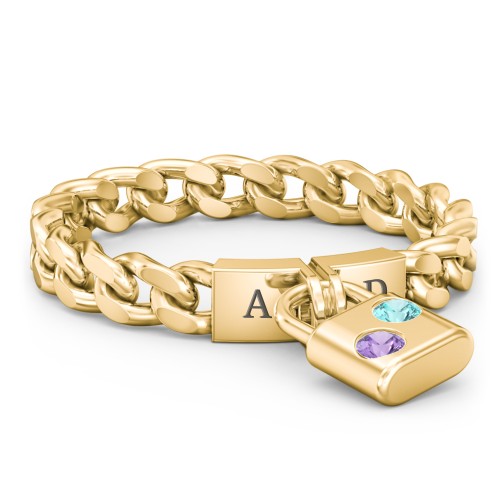 Engravable Padlock Chain Ring with Gemstones – 10K Yellow Gold with Amethyst and Mint Premium Zirconia