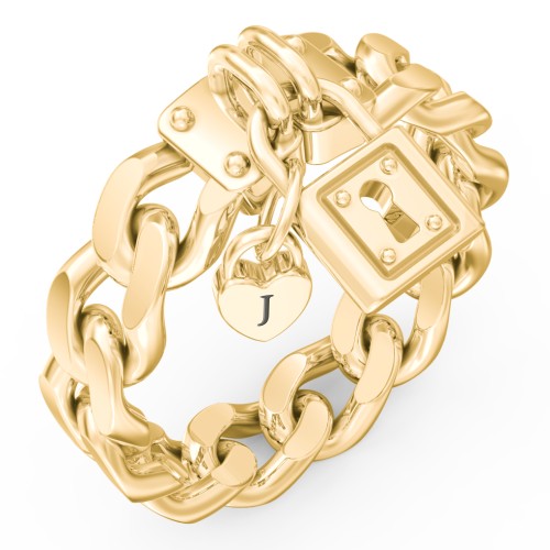 Curb Chain Ring with Padlock and Engravable Heart Charm