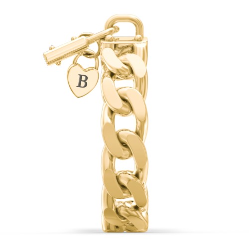 Curb Chain Ring with Padlock and Engravable Heart Charm – 10K Yellow Gold