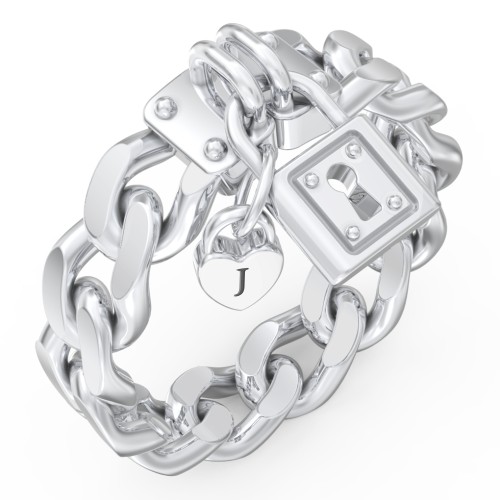 Curb Chain Ring with Padlock and Engravable Heart Charm – Sterling Silver
