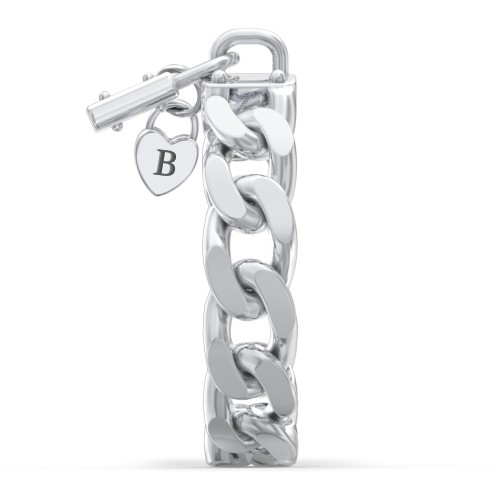 Curb Chain Ring with Padlock and Engravable Heart Charm – Sterling Silver