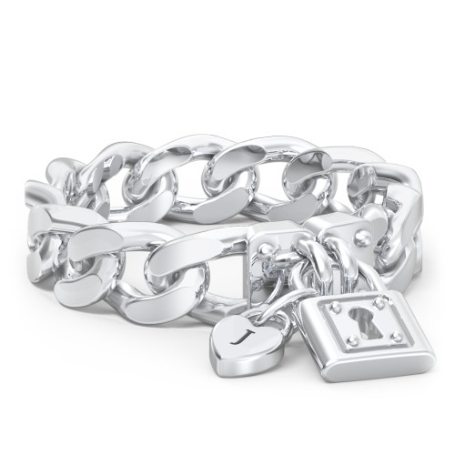 Curb Chain Ring with Padlock and Engravable Heart Charm – Sterling Silver